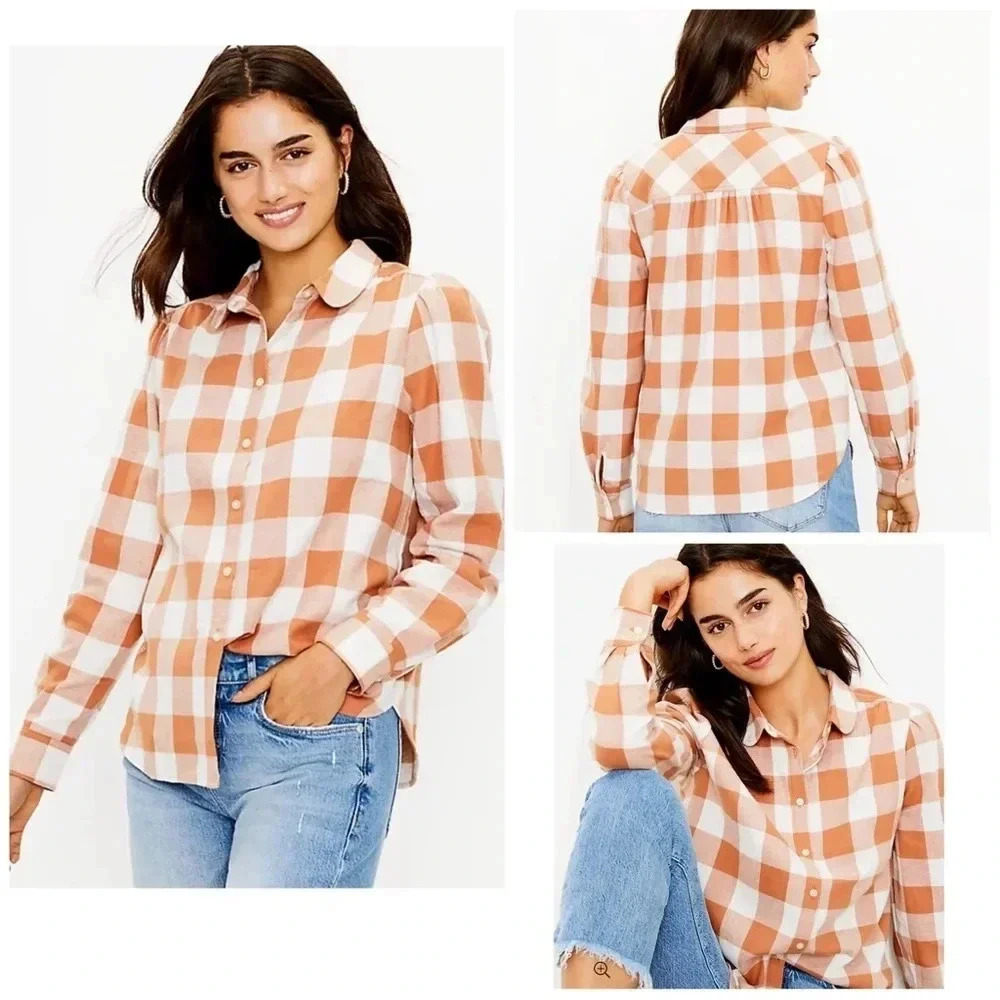 LOFT Rust Orange and White Buffalo Check Button-Down Shirt